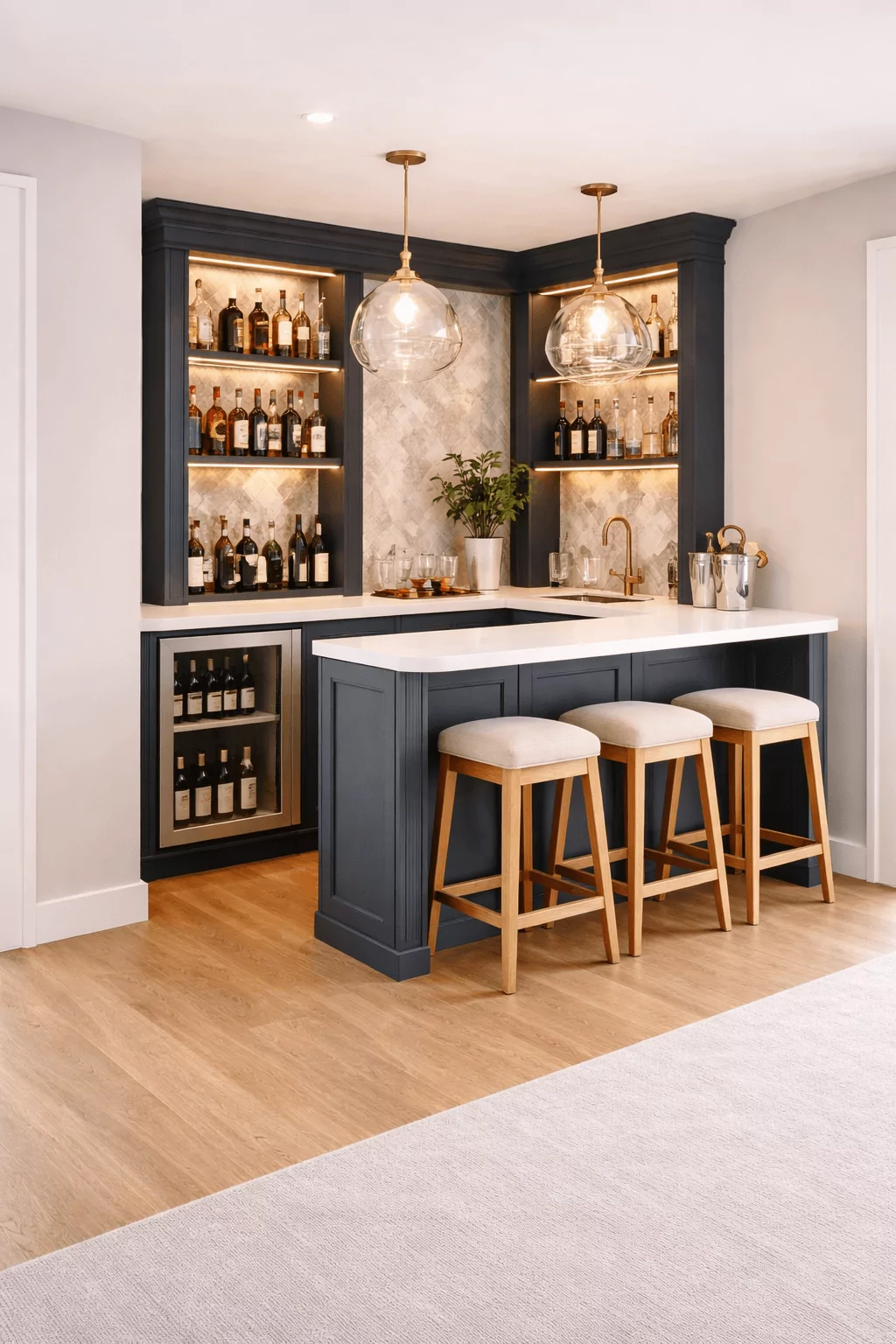 Corner home bar design with integrated storage and seating for three