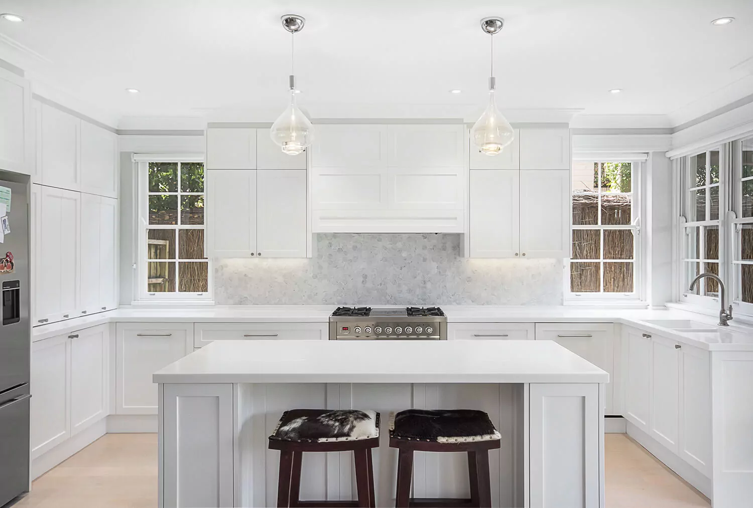 Classic Hamptons white Shaker kitchen with marble island | Custom joinery by Improva, Eastern Suburbs