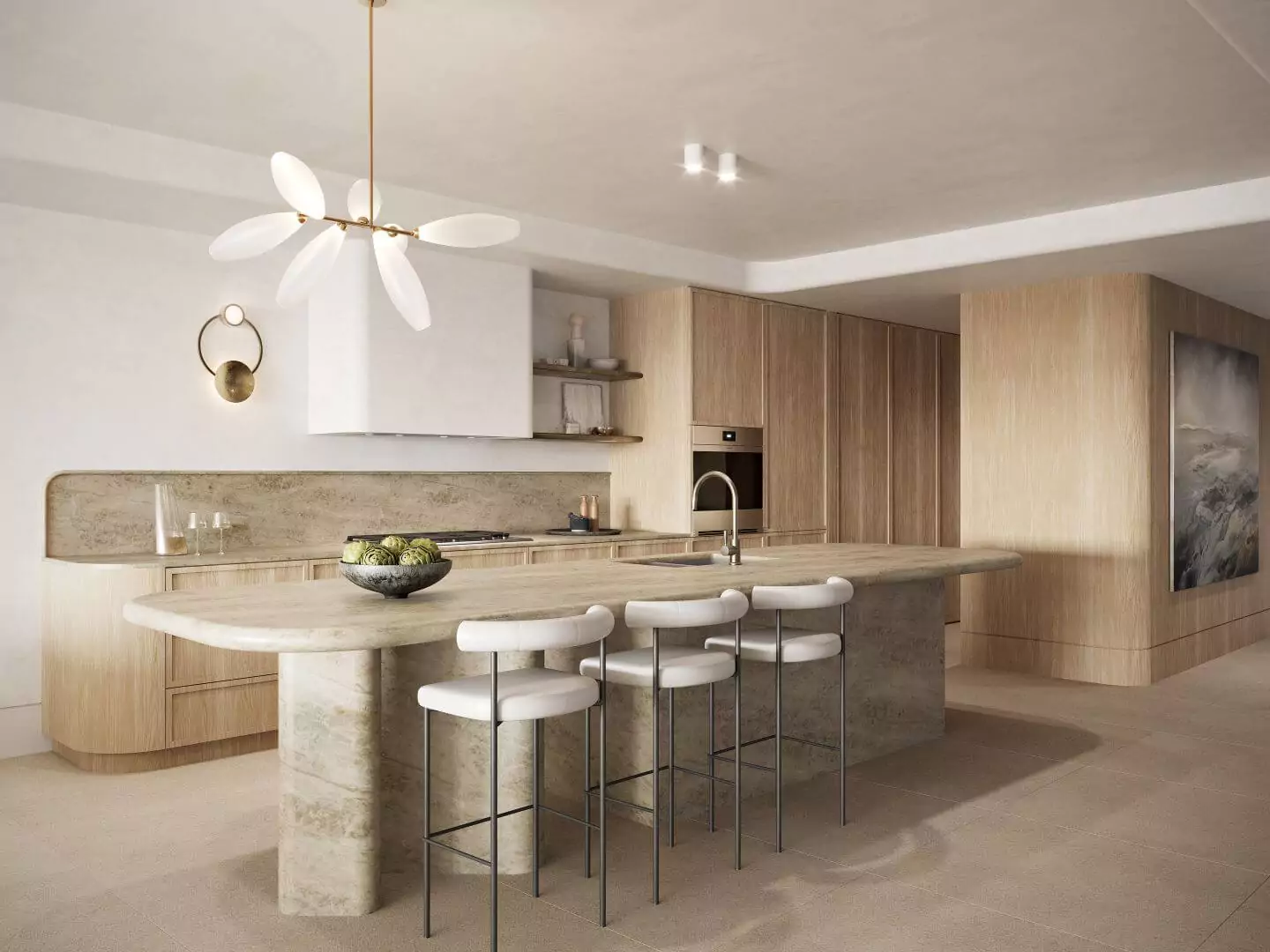 Curved timber and stone kitchen island with seating | Custom joinery by Improva, Oceana Manly