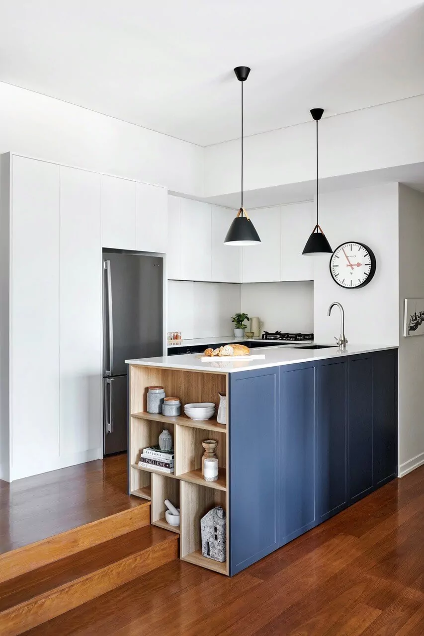 Navy island with open timber shelving | Custom joinery by Improva, Balmain