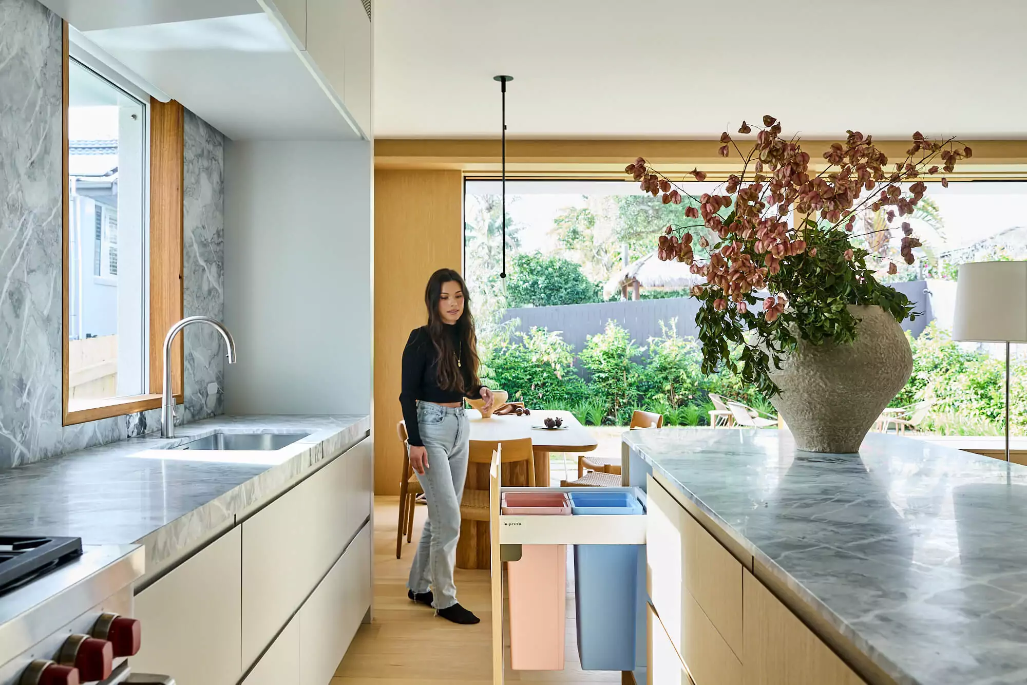 Kitchen island with Inkolor designer bins in pull-out waste system | Custom joinery by Improva, North Bondi